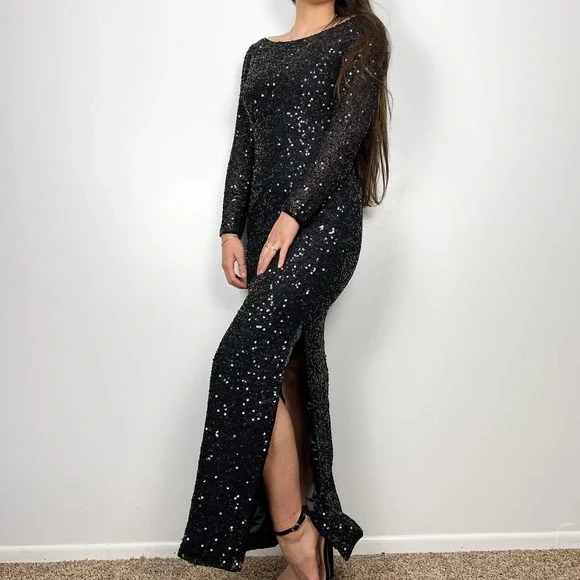 NWT Scala Black Silk Fully Sequin Long Sleeve Maxi Dress Side Slits Size Small - Picture 12 of 14